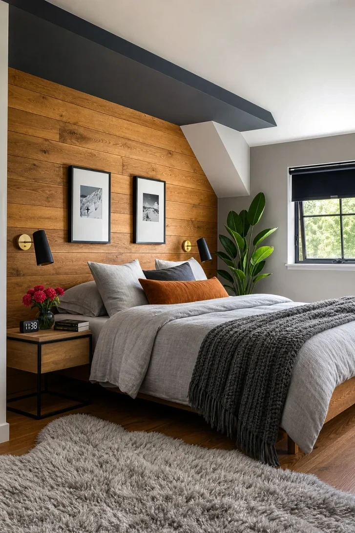 Warm Wood Accent Wall Anchors a Grey Bedroom