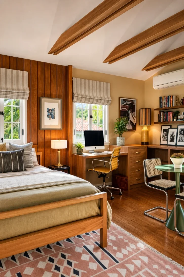 Warm Wood Paneling Anchors a Triple-Purpose Room