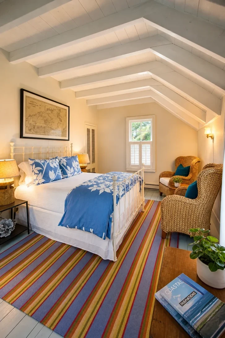White Painted Beams Turn Slanted Ceilings Into Drama