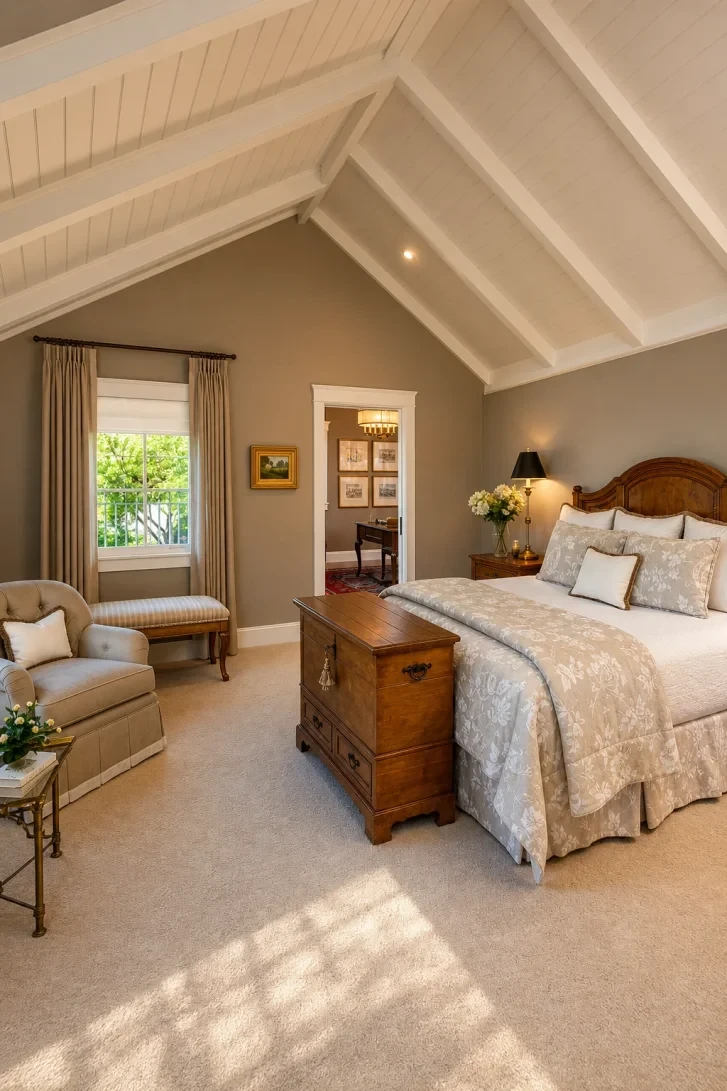 White-Painted Exposed Beams Against Warm Taupe Walls