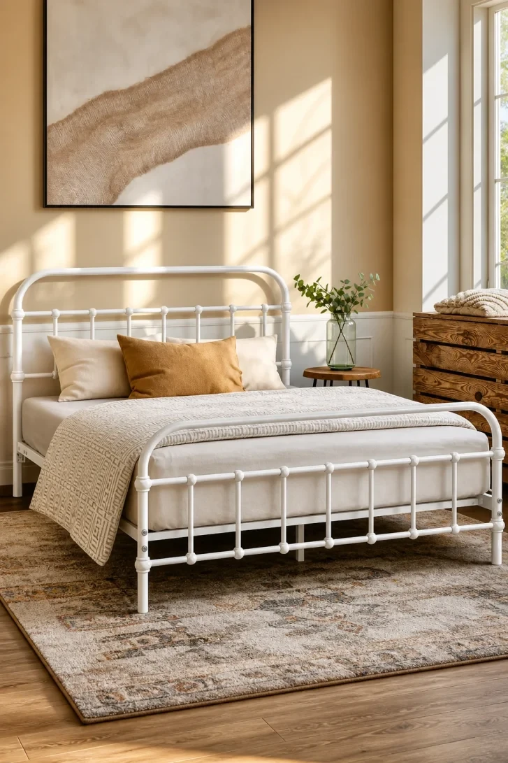 White Spindle Frame Glows Against Warm Honey Walls