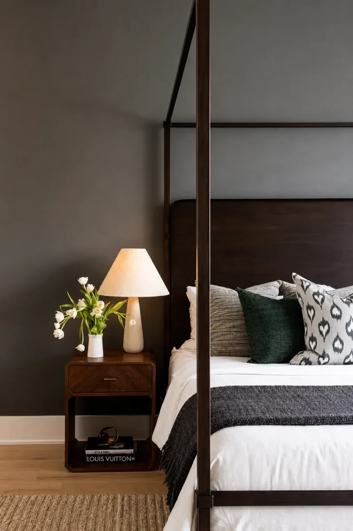 White Tulips Electrify a Dark Moody Nightstand