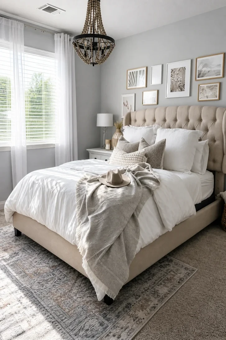 Wood Bead Chandelier Anchors This Soft Neutral Space