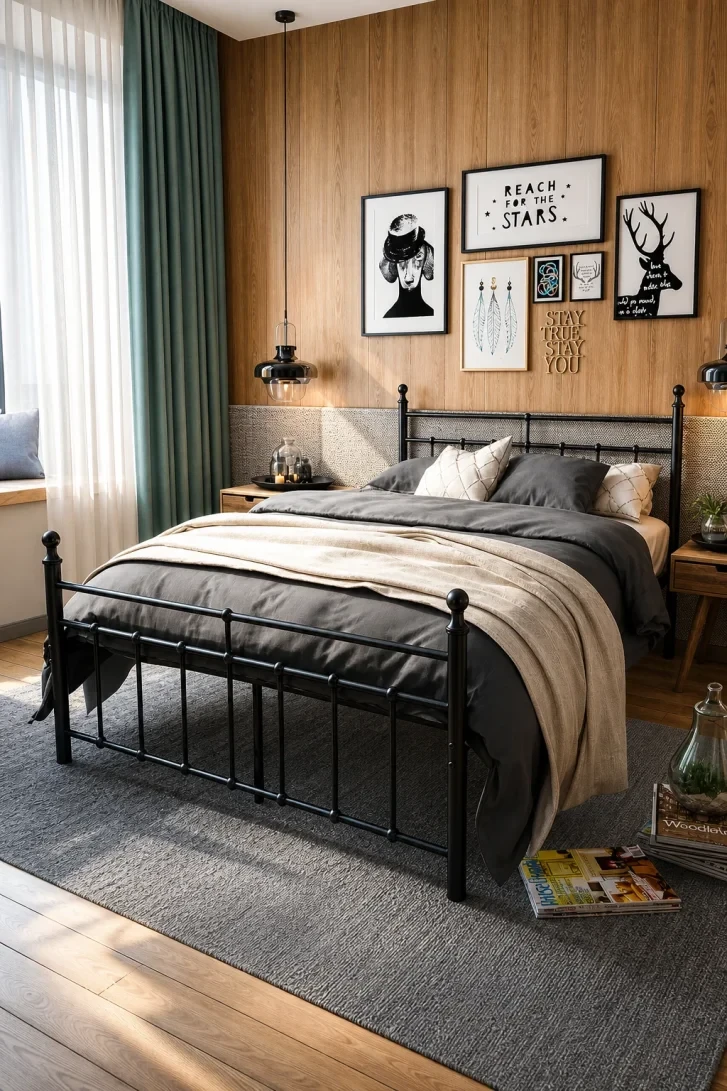 Wood Panel Wall Amplifies the Black Iron Frame
