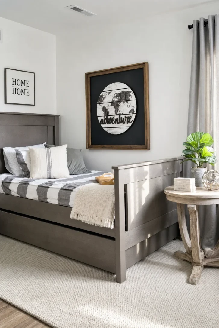 Wooden World Map Art Anchors the Whole Room