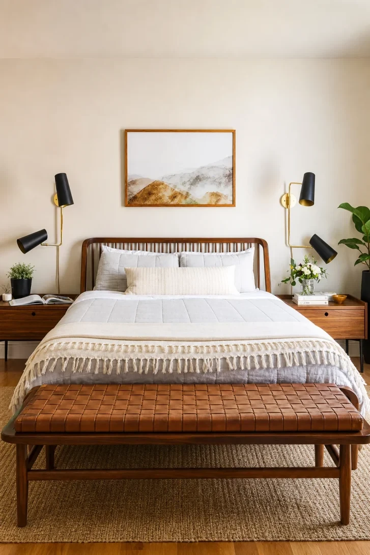 Woven Leather Bench Anchors the Whole Room