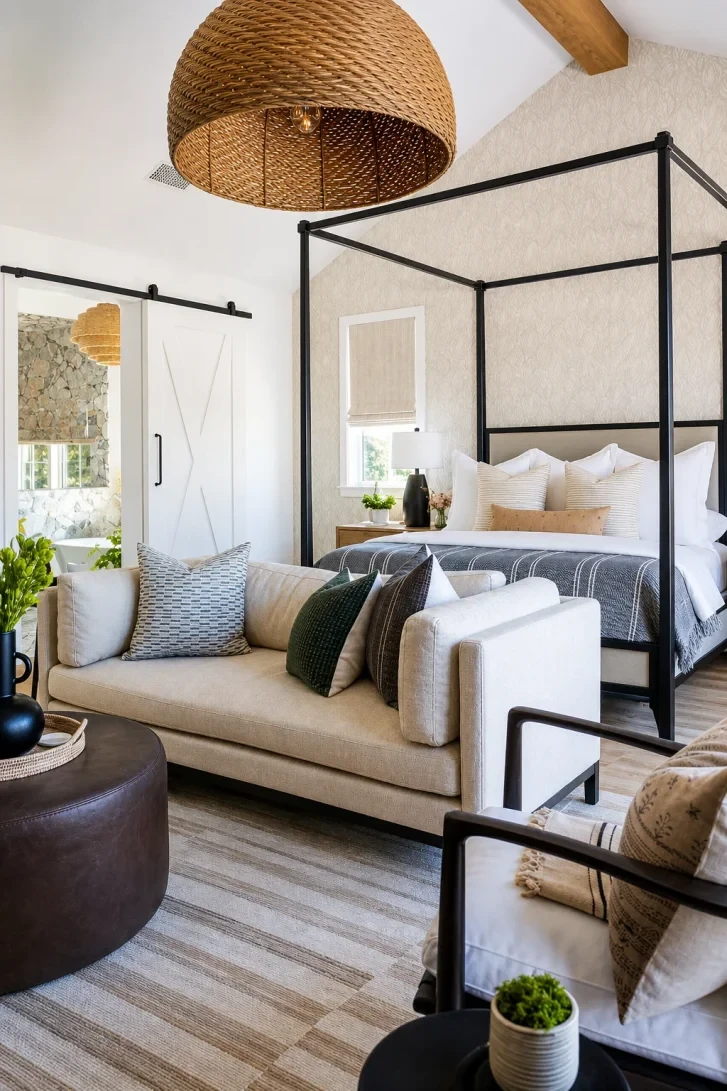 Woven Pendant Crowns a Black Four-Poster Frame
