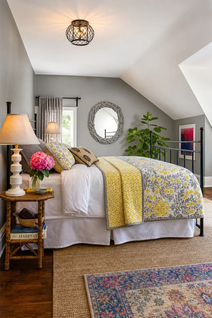 Yellow Floral Quilt Electrifies a Cool Grey Palette