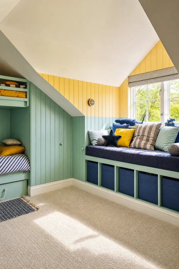 Yellow Tongue-and-Groove Walls Meet Built-In Window Seat
